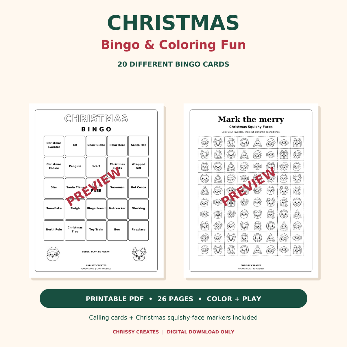 Christmas Bingo Printable – 20 Cards & Coloring Activity Bundle